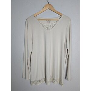 Chico's Blouse Womens 2 White Tunic Long Sleeve V-Neck Lace Hem Relaxed